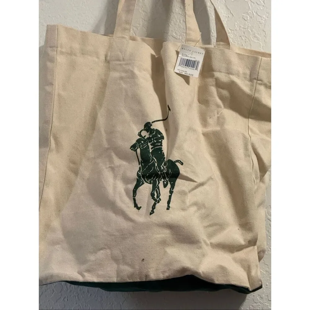 Polo Ralph Lauren Tote Bag 100% Cotton Canvas Green Logo Graphic Pony New - Picture 2 of 5
